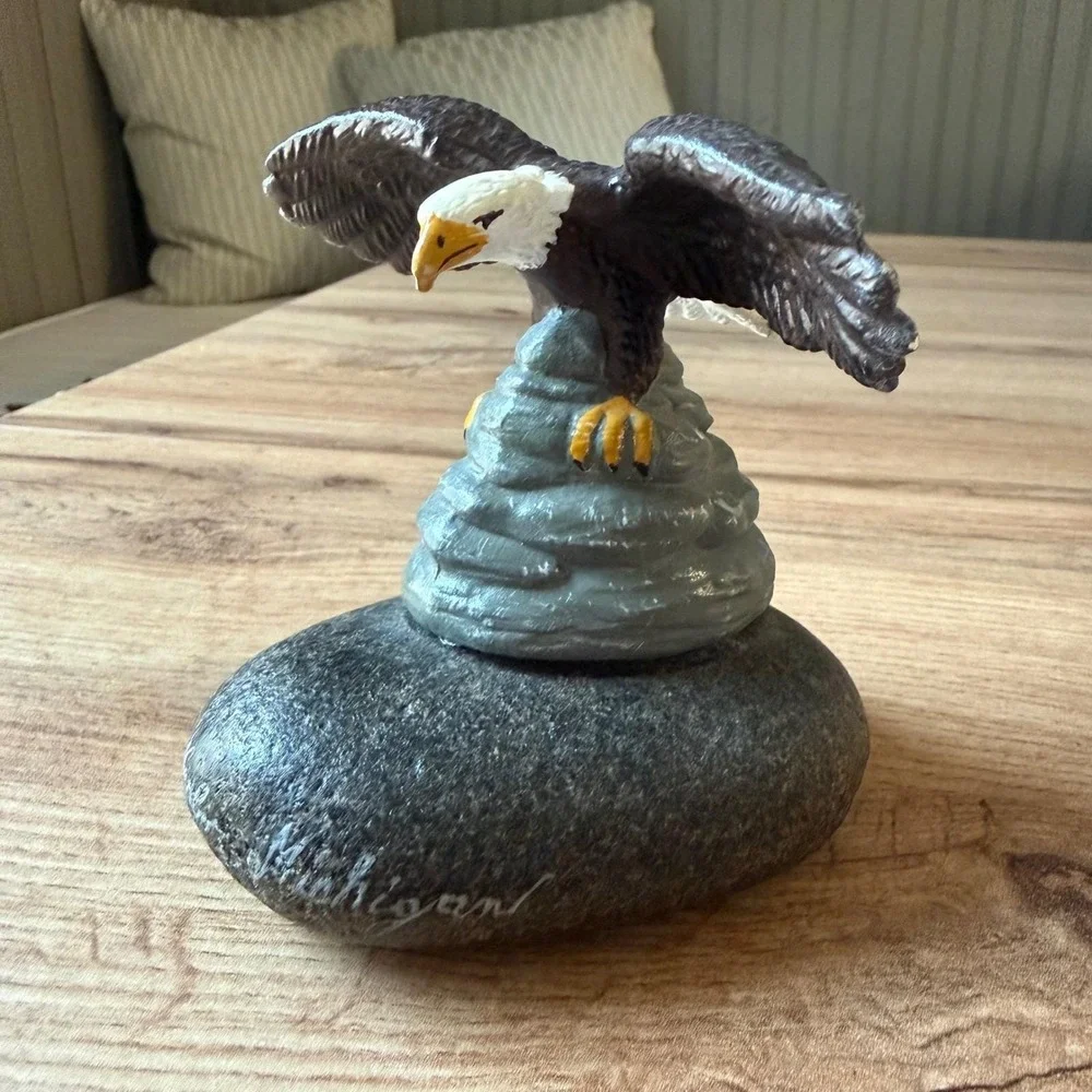Nature's Niche Bald Eagle Figurine on Michigan River Stone Eagle Harbor Souvenir